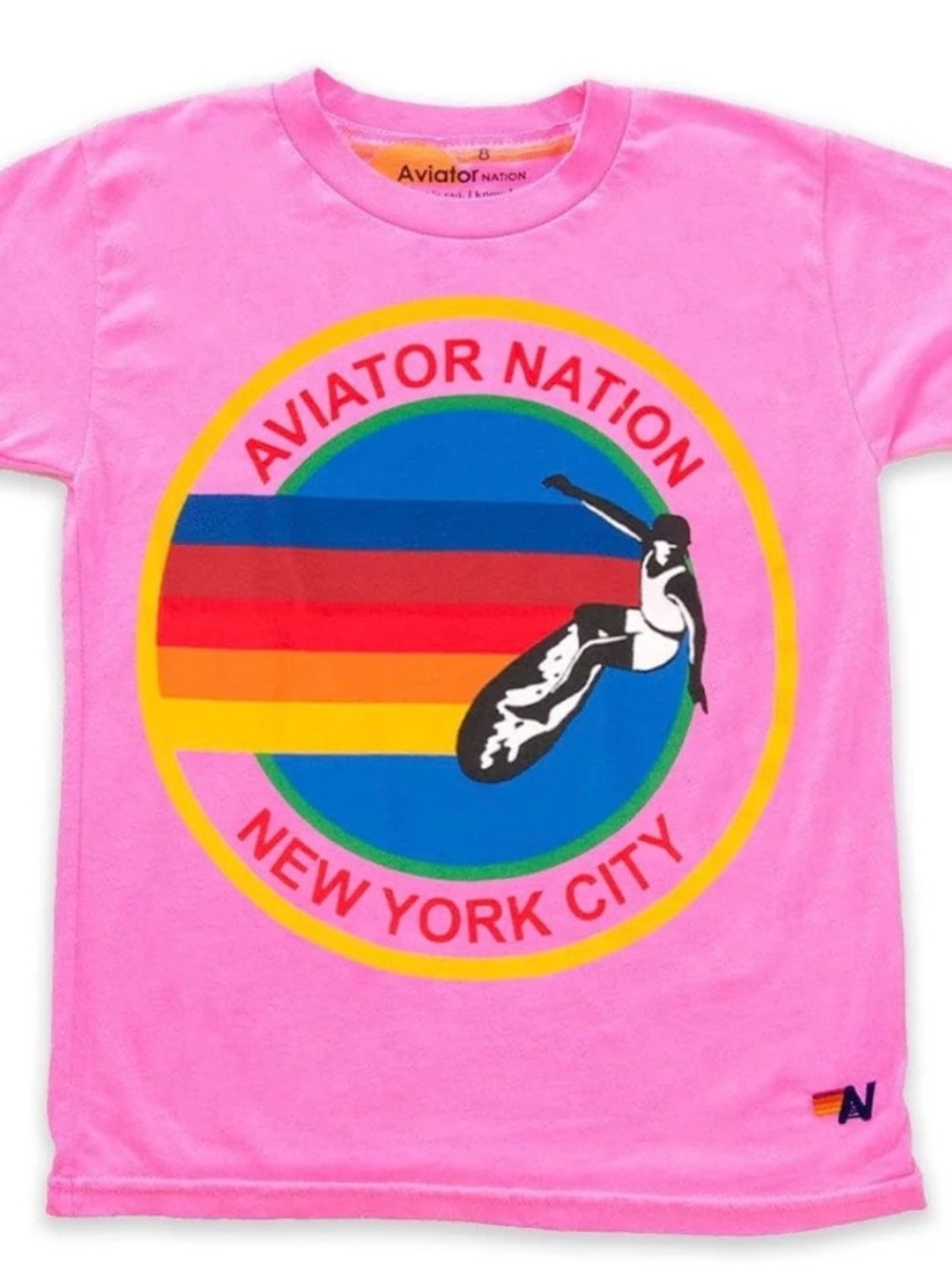 Aviator Nation Pink raw hem Surf Graphic Tee with Rainbow Logo XS